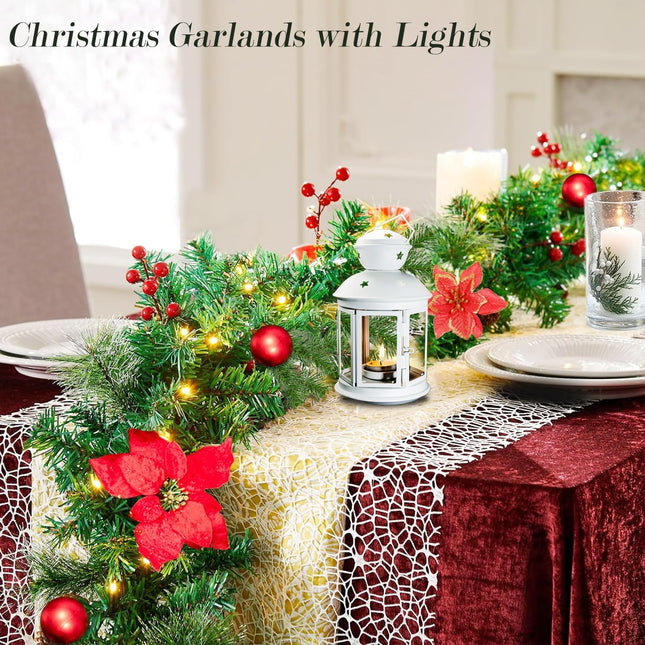 9Ft Pre-Lit Christmas Garland Artificial Indoor Outdoor Decoration, Christmas Garland with Flower Snowy Pine, Garland with Battery Operated for Xmas Mantle,Stairs, Fireplaces, Walls Decor