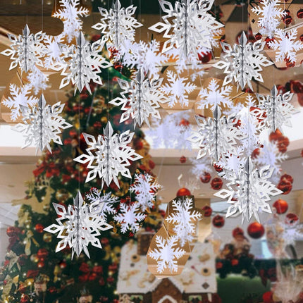 OuMuaMua Winter Christmas Hanging Snowflake Decorations, 12PCS 3D Large Silver Snowflakes & 12PCS White Paper Snowflakes Hanging Garland for Christmas Winter Wonderland Holiday Year Party Home