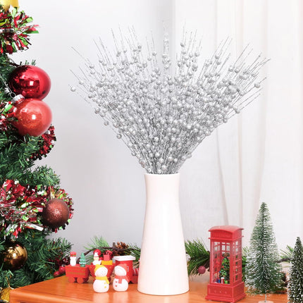 12 Pack Silver Christmas Tree Decorations, 16" Glitter Berry Stems Ornaments, Christmas Picks Sticks for Christmas Tree Topper Filler Vase DIY Home Decor