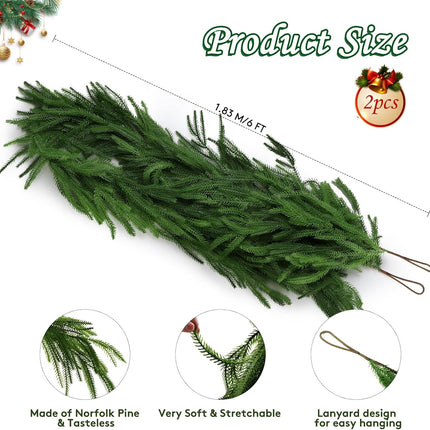 2 Pcs Christmas Norfolk Pine Garlands, Real Touch Pine Garland, Artificial Greenery Garland for Christmas Table Wall Fireplace Mantle Outdoor Decoration