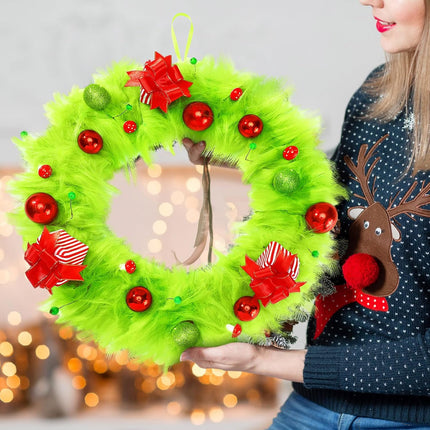 Lyrow Christmas Wreath Green Elf Wreath 20 Inch Lime Green Plush Xmas Door Wreath Elf Wreath Winter Wreath with Mini Christmas Balls, Boxes for Front Door Wall Window Fireplace Door Tree Decor