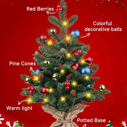 24 Inch Pre-lit Artificial Mini Christmas Tree, Vlorart Christmas Tree Tabletop Small Christmas Tree with Lights Includes Colored Balls, Berries, Pine Cones, and Cloth Bag Base
