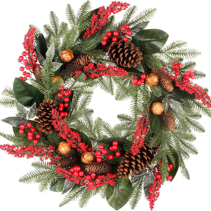 24 Inch Christmas Wreath Green Leaves Wreath for Front Door Artificial Eucalyptus Wreath with Berry and Pine Branches Christmas Decorations Indoor and Outdoor