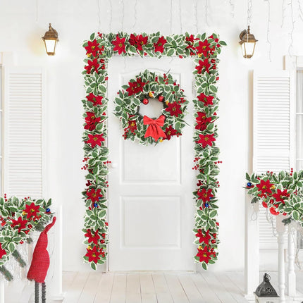 Christmas Poinsettia Garland 25.5 Feet Artificial Poinsettia Garland with White Edge Green Holly Leaves for Xmas Home Dining Room Deck Railing Staircase Decorations (Poinsettia&Ball&Berry)