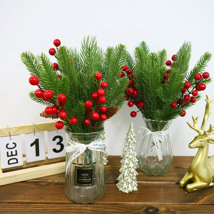 70 Pcs Christmas Artificial Pine Branches and Red Holly Berries,Christmas Faux Greenery Picks Fake Cedar Pine Needles for DIY Wreath Garland Home Decoration