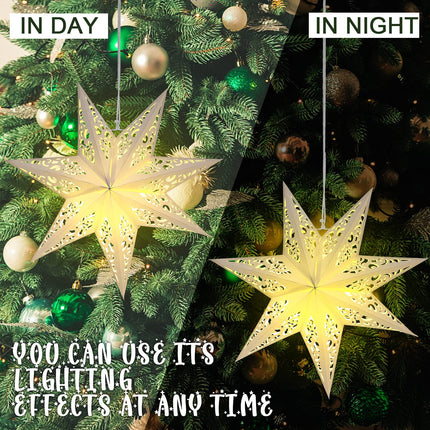 3 Pcs Christmas 20 Inch Paper Star Shaped Lantern Decorative 7 Point White Paper Lanterns with 6 Pcs Lights LED Hanging Hollow out Star Lampshade for Ceiling Indoor Outdoor Window Wedding Decorations