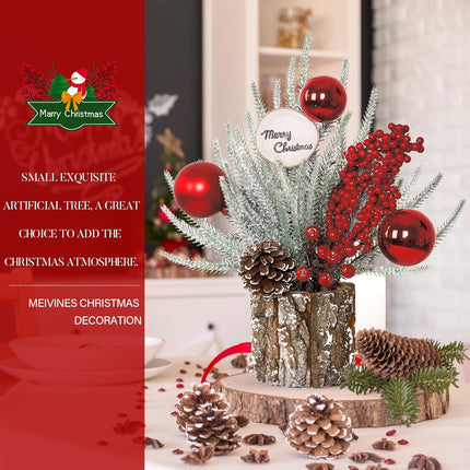 13.7Inch Small Christmas Tree Mini Tabletop Christmas Tree Decorations Artificial Potted Christmas Tree with Red Berry Ball Pinecone for Home Party Holiday Christmas Decor Indoor