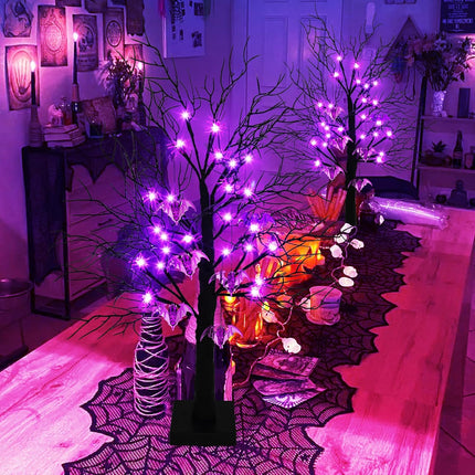 Agusbagli 2 Pack 24 Inch Black Halloween Tree Decor with Timer, Twigs Tree with 24 Purple Lights DIY 12 Spiders & 6 Bats Battery Operated Tabletop Artificial Spooky Tree Halloween Decorations for Home