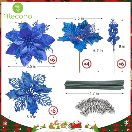 Alecono 24 Pcs Blue Christmas Artificial Flowers, Fake Tree Decor Shining Faux Floral with Clips DIY Xmas Berry Holiday Home Party Wedding Ornaments