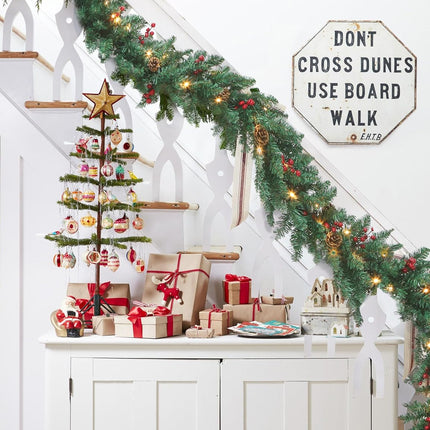 9 Ft Christmas Garland with Lights Battery Operated for Outdoor Indoor Decoration- Prelit Artificial Xmas Garland Decored with Pine Cones Berry for Home Stairs Fireplace