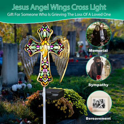 YJFWAL Solar Glass Cross Garden Stake Light, Cemetery Decorations for Grave Outdoor Lights, Jesus Cross Angel Wings Sympathy Memorial s, for Halloween Christmas Garden Lawn Yard Patio Decor