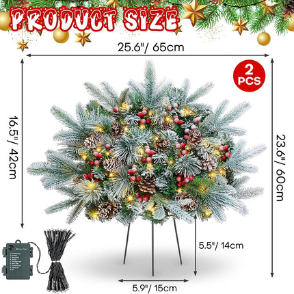 Noverlife 2 Packs Christmas Tree Frosted Urn Filler, 26 Inches Pre-lit Snowy Xmas Pine Tree Planter Pots Filler with Cones & Berries, Outdoor Artificial Tree with 50 LED Lights (Not Included Planter)