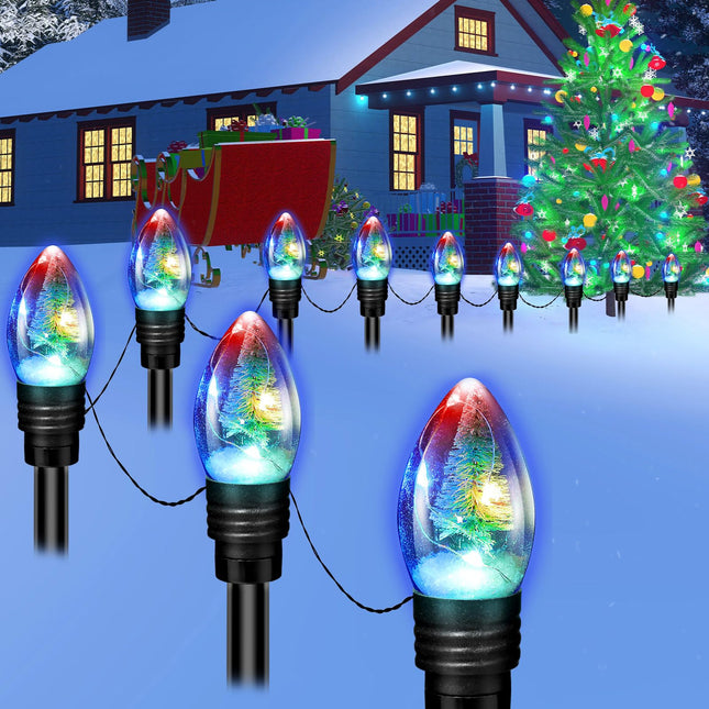 2 Pack Christmas Pathway Stakes Lights 62 Ft 40 Bulbs Solar Outdoor Christmas Lights Colorful Flickering Led String Lights with Tree Xmas Sidewalk Decoration for Path Driveway Yard Garden