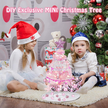 Artificial Mini Christmas Tree, 2ft Small Christmas Tree with Lights, Tabletop Artificial Xmas Tree with Christmas Balls, Pink Tabletop Christmas Tree for Christmas Decorations