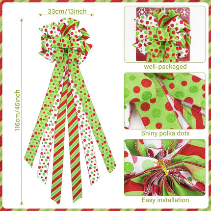 Large 45"x13" Christmas Tree Topper Bow, Green Tree Topper Christmas Decoration, Red & Green Polka Dot Polyester Ribbon Bow for Christmas, Xmas Ornament Holiday Home Indoor/Outdoor