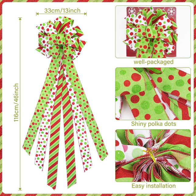 Large 45"x13" Christmas Tree Topper Bow, Green Tree Topper Christmas Decoration, Red & Green Polka Dot Polyester Ribbon Bow for Christmas, Xmas Ornament Holiday Home Indoor/Outdoor