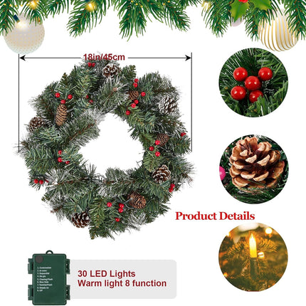 Christmas Wreath with Lights, Artificial Christmas Door Wreath with 30 LED Lights, Pre-Lit Battery Operated Outdoor Christmas Wreath Lighted, 18Inch