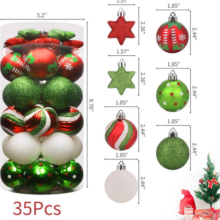 Ornament 35pcs Shatterproof Christmas Balls & Stars, Plastic, Red & Green, Hanging, for Xmas Tree Decorations, Wedding, Party Decors