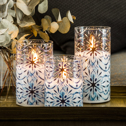 Eywamage Blue Snowflakes Flameless Candles in Glass Jars, Flickering Battery LED Pillar Candles with Remote Set of 3