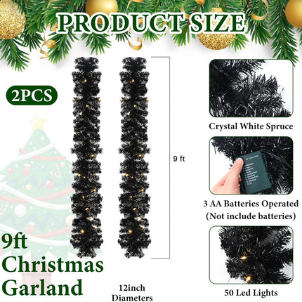 Hotop 9 ft Faux Spruce Artificial Christmas Garland LED Garland Warm Pine Prelit Battery Operated Lighted Garland for Seasonal Indoor Home Fireplace Mantle Tree Stair Decor (2 Pcs,Black)