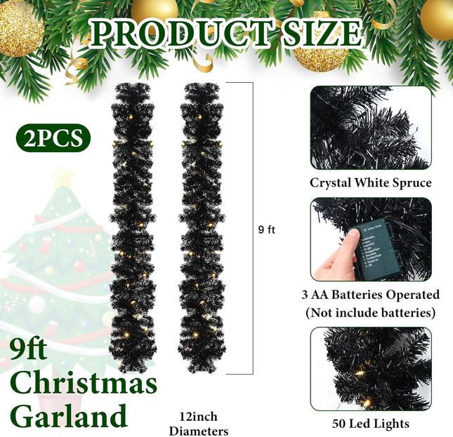 Hotop 9 ft Faux Spruce Artificial Christmas Garland LED Garland Warm Pine Prelit Battery Operated Lighted Garland for Seasonal Indoor Home Fireplace Mantle Tree Stair Decor (2 Pcs,Black)