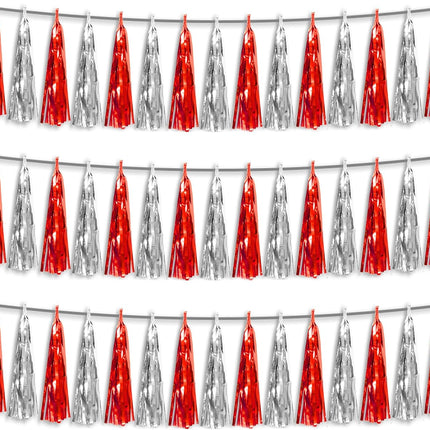 3P Red Silver Foil Fringe Metallic Tassel Streamers Banner Tassel Garland for Parade Floats, Bachelorette, Wedding, Birthday, Halloween, Christmas, Bridal/Baby Shower Party Decorations