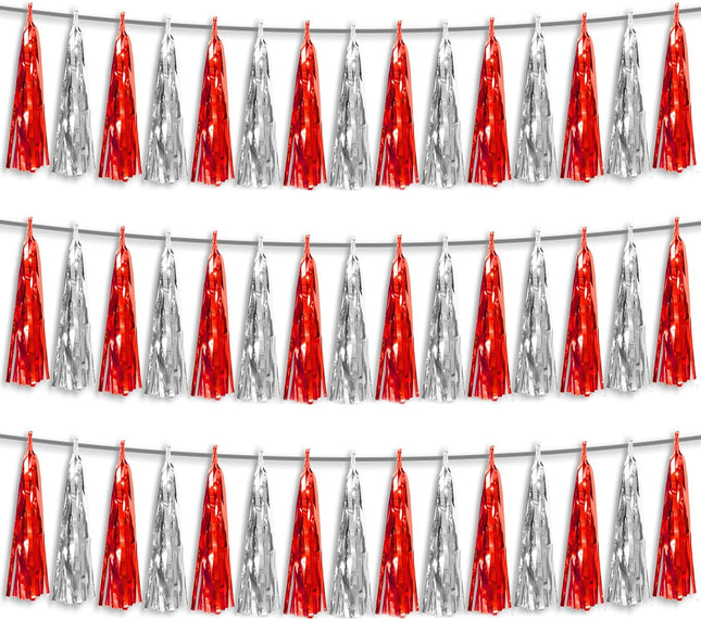 3P Red Silver Foil Fringe Metallic Tassel Streamers Banner Tassel Garland for Parade Floats, Bachelorette, Wedding, Birthday, Halloween, Christmas, Bridal/Baby Shower Party Decorations