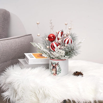 Plus tard Christmas Table Decor 12 Inches Ceramic Potted Snow Flocked Pine Needle White Berry Red Ornaments Decorative Holiday Tree Tabletop Xmas Centerpiece Decor