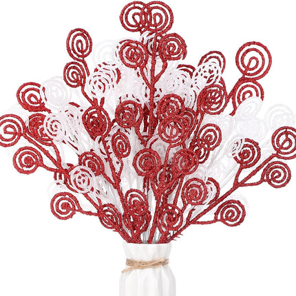 Zeyune 80 Pcs Christmas Candy Shape Curly Sticks Glitter Stem Ornaments Decorative Christmas Tree Picks Artificial Christmas Glittery Twigs for Wedding Holiday Party Home Decorations (Red White)