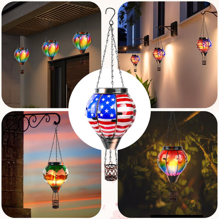 Hot Air Balloon Solar Lantern Hanging Outdoor Solar Lantern with Flickering Flame for Decorative Garden Patio Yard Party Decor for Birthday Halloween Christmas - American Flag