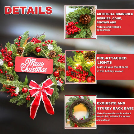 Pre-Lit Artificial Christmas Wreath，BEHONA 21 inch Christmas Snowflake Decorations Wreath Artificial with Lights, Ribbons, Pine Cones for Outdoor Indoor Window Mantle Christmas Decorations