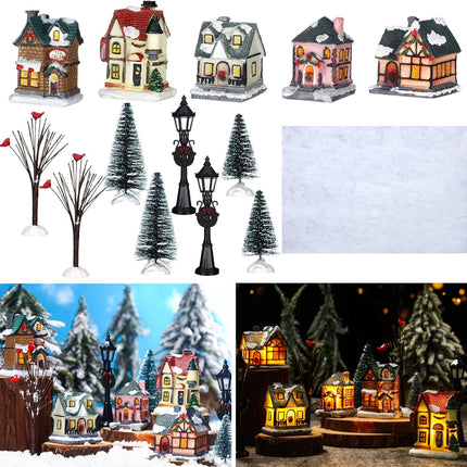 Queekay Christmas Winter Village Houses Set Christmas Miniature Resin Ornament Kits Christmas Cedar Bare Branch Tree Street Lamp Room Decor(Retro Style)