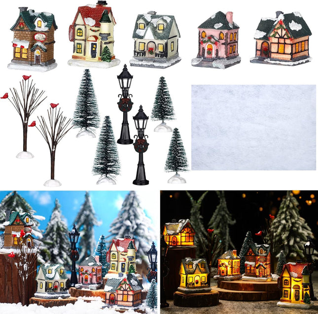 Queekay Christmas Winter Village Houses Set Christmas Miniature Resin Ornament Kits Christmas Cedar Bare Branch Tree Street Lamp Room Decor(Retro Style)