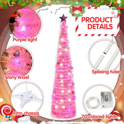 Hiboom 2 Pcs Collapsible Pop up Christmas Tinsel Tree with Light Hanging Ornament 5 ft Artificial Pencil Christmas Tree Decoration Star Pop Tree Artificial Xmas Tree for Decoration(Pink)