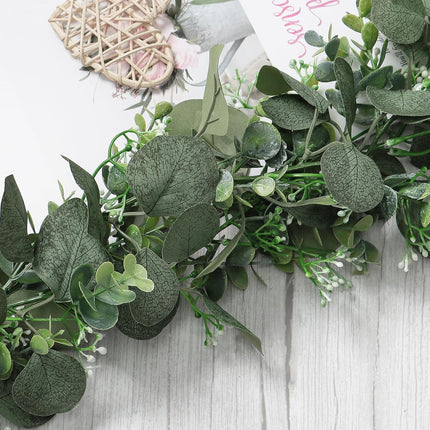 SOMYTING 2PCS 6FT Artificial Mixed Eucalyptus Leaves Garland Faux Silver Dollar Eucalyptus with White Seeds Greenery Vines for Wedding Arch Backdrop Table Mantel Christmas Indoor Outdoor Decor