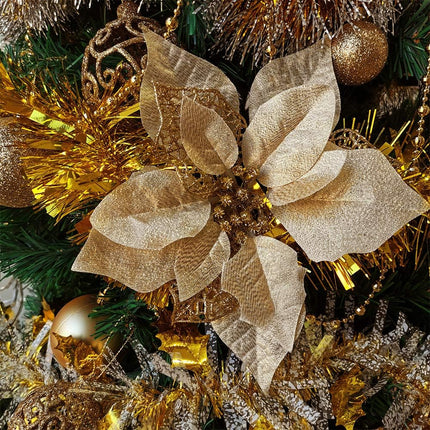 20 Set 8.8" Wide 3 Layers Christmas Gold Glitter Poinsettia Flowers Picks Christmas Tree Ornaments for Gold Christmas Tree Wreaths Garland Holiday Seasonal Festive Navidad Decoration Box Included