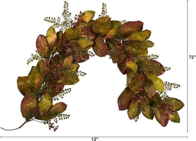 Nearly Natural 6ft. Autumn Magnolia Leaf and Berries Artificial Garland