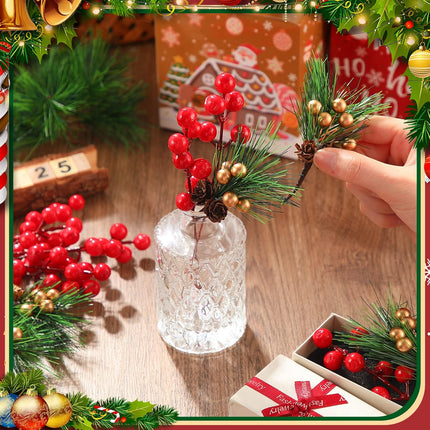 40 Pieces Mini Artificial Christmas Floral Picks Artificial Pine Picks Red Berry Picks Holly Red Berry Stems Green Pine Needles Picks for Christmas Tree Wreath ing Props Winter Holiday