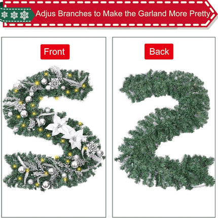 Prelit 6 Feet Christmas Garland Silver White with Battery Operated 30 LED Lights, Ball Ornaments, Snowflakes, Poinsettia Flowers & Berries, Garland Christmas Decoration for Indoor Outdoor Mantel
