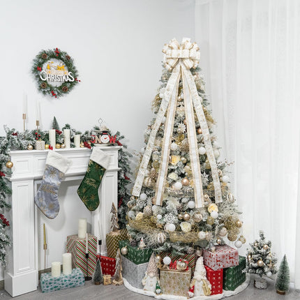 Christmas Tree Topper Bow，53x15 Inches Large Christmas Bow with Glitter Streamer and Patterned Ribbon，Decorative Bows for Xmas Tree Wreath Door Festival Home Decor(White Gold)