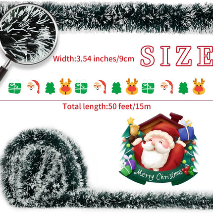 50 Feet Garland Christmas Decorations, Green Snowy Christmas Garland, Artificial Thick Christmas Garland for Xmas Party Hanging Ceiling Stairs Decor Indoor Outdoor