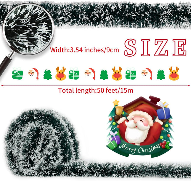 50 Feet Garland Christmas Decorations, Green Snowy Christmas Garland, Artificial Thick Christmas Garland for Xmas Party Hanging Ceiling Stairs Decor Indoor Outdoor