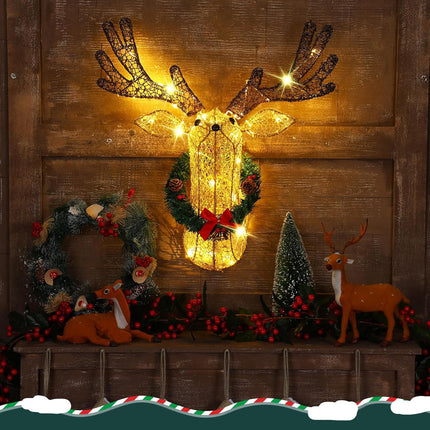 Christmas Light up Wall Decor Deer Head, 28 Inch 3D Hanging Garland, Large Lights up Reindeer Head for Door Window Christmas Holiday Indoor Outdoor Decor, Battery Operated, 8 Modes