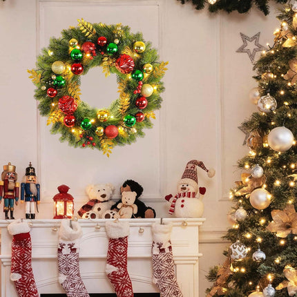 18 Inch Pre-Lit Artificial Christmas Wreath with 40 Lights, Red and Green Christmas Ball for Front Door Indoor Outdoor Farmhouse Festival Home Décor