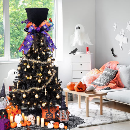 Lordaeron Christmas Halloween Tree Topper Hat,Large Black Velvet Hat with Purple and Orange Bow Seasonal Holiday Decorations Tabletop Ornaments for Home
