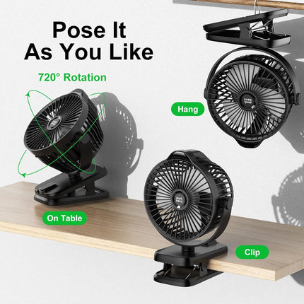 Minthouz Battery Operated Clip On Fan 8000Mah Rechargeable Portable Fan With Led Digital Display, 720° Rotation Small Desk Fan