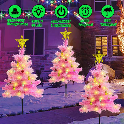 4-Pack Pink Solar Christmas Tree Outdoor Christmas Decorations, 80 LED Xmas Tree Solar Christmas Lights, Waterproof Small Pink Christmas Tree with Ball Ornaments for Front Porch,Patio, Yard, Pathway
