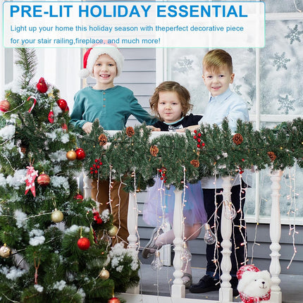 Christmas Garland with Lights,9FT Christmas Decorations Pine Garland with 50 Led Lights String,Lighted Garland for Indoor,Stairs, Railing, Outdoor,Home Decor