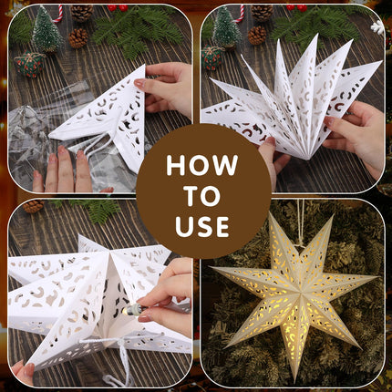 Retisee 12 Pcs 14in Christmas Paper Star Lantern Star 7 Pointed Light Snowflake Ceiling Lantern Moroccan Paper Star with 12 LED Light for Xmas, Wedding, Holiday Birthday Party Celebration(White)
