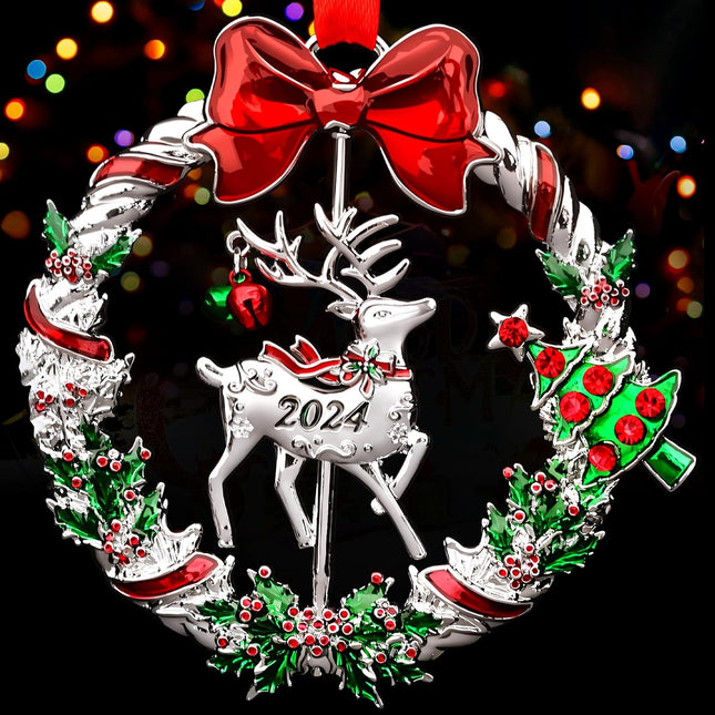 Christmas Ornament for Christmas Tree Hanging Decorations, Christmas Wreath Ornament with Rotatable Reindeer, Dated Metal Xmas Ornament for Holiday Decorative Keepsake